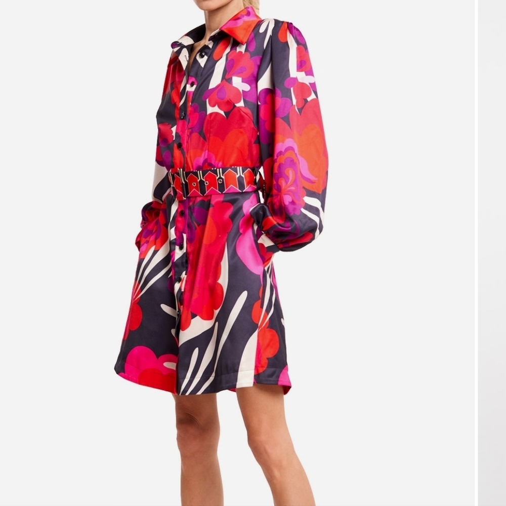 Bold Floral Long-Sleeve Shirt Dress in Pink and Red